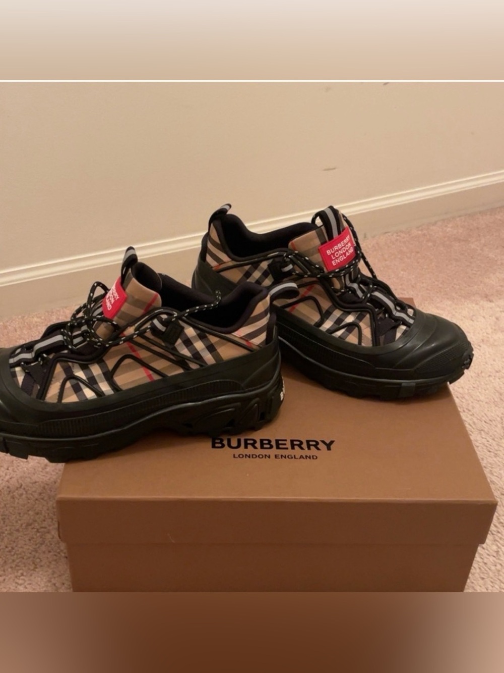 Burberry Black, Beige & Red London Check Trail Sneakers